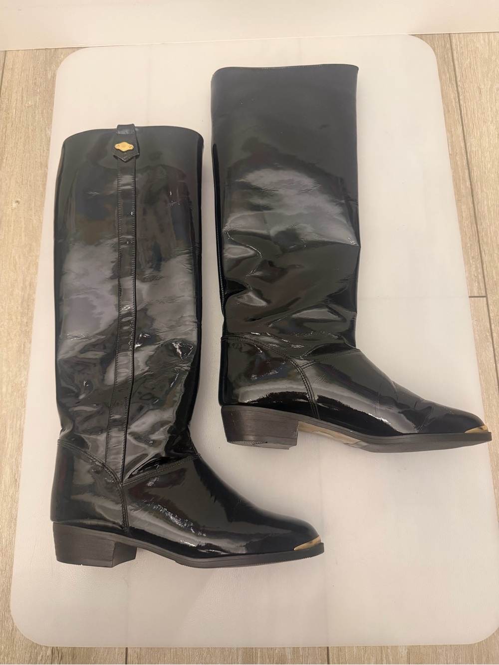 Vintage Made in Canada Black Patent Leather Riding Boots Gold Toe Womens 5.5B